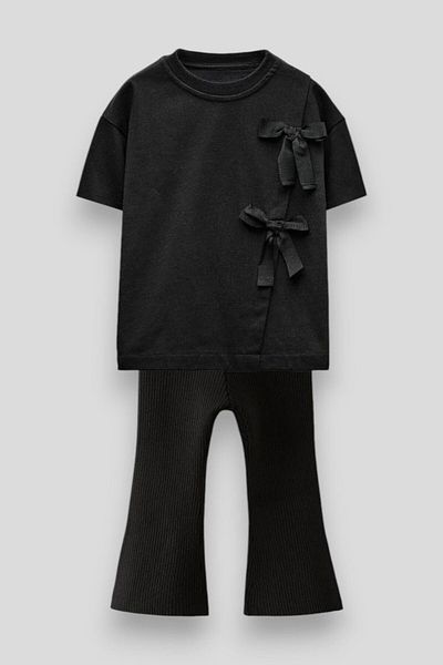 Magu Girl's Cotton Black Ribbon Detailed T-Shirt and Corduroy Trousers Set Stylish Casual Combination