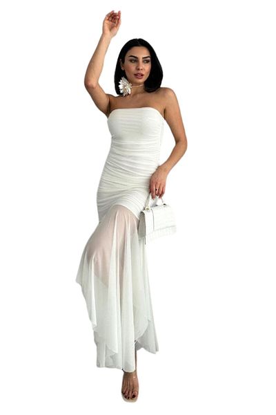 Moda Amore Γυναικείο βραδινό φόρεμα - Draped Tulle Λεπτομερές στράπλες σχέδιο Midi Size 096