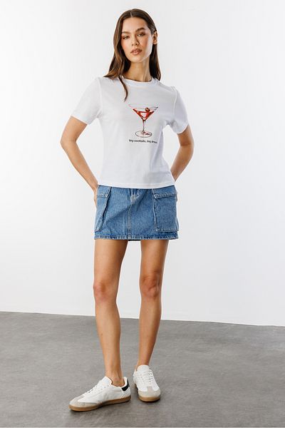 GENIUS STORE Tricou crop cu mânecă scurtă din bumbac organic cu decolteu rotund pentru femei COCKTAIL-T-SHIRT
