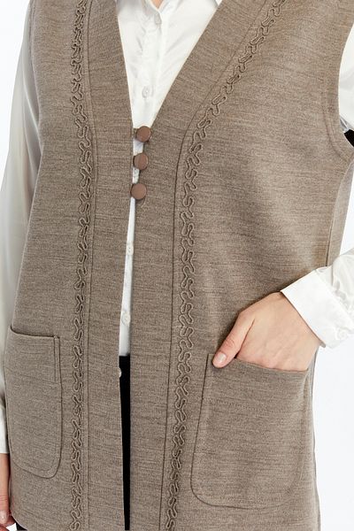 larocci Women's Standard V-Neck Curled Edge Embroidered Mother Vest with Pockets
