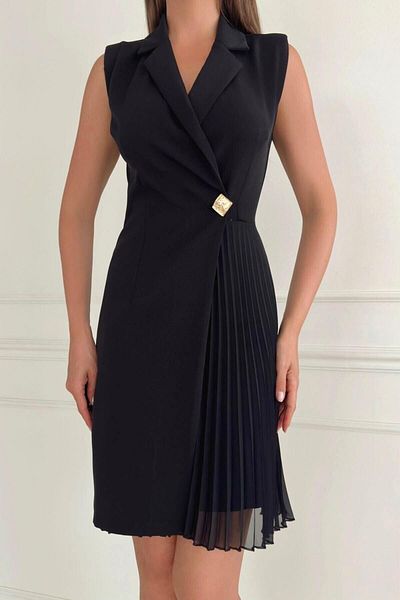 ZISHAN Jacket Neckline Button Detail Sleeveless Pleated Women's Evening Dress 017Y