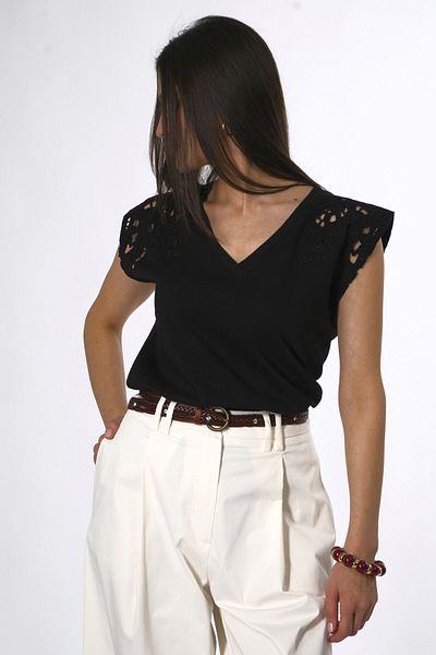 ABBRA Tricou de damă 100% bumbac cu mâneci brodate