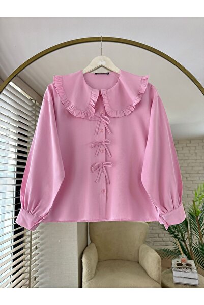 Güba Ticaret Terikoton Kumaş, Yaka Detaylı, Fiyonklu, Etek Üstü, Kadın Crop Gömlek