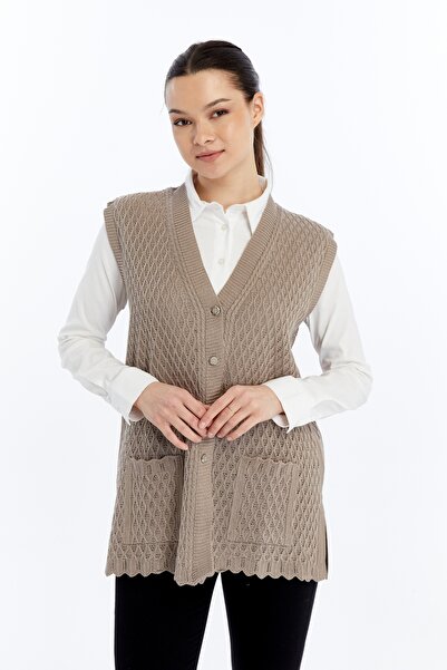 larocci Kadın Standart V Yaka Küçük Baklava Desenli Cepli Anne Yelek