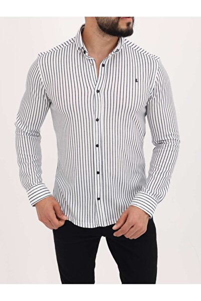 cliento Erkek Beyaz Slim fit Likralı Uzun Kollu Nefes Alan Örme Lacivert Çizg...