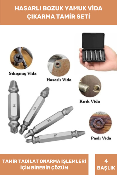 Thriftbuds Premium Paslanmaz Çelik 4 Başlıklı Hasarlı Bozuk Vida Çıkarıcı Tam...