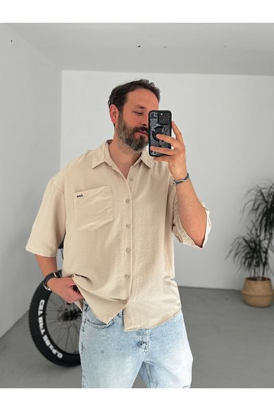 BYBASICMAN Beige Short Sleeve Pocket Cotton Shirt C-1695