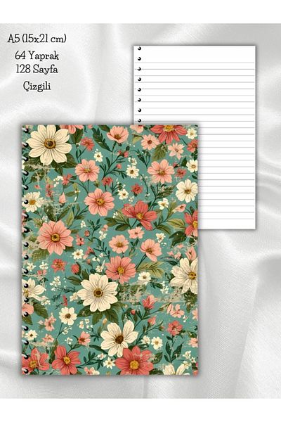 daily notebook دفتر ملاحظات مسطر، 64 ورقة، مقاس A5 متوسط ​​(15×21 سم)، حلزوني، زهور