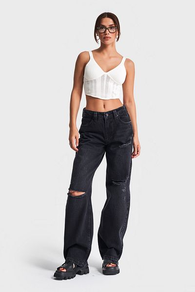 its basic Women Baggy Balloon Ripped Detailed Jeans 100% Cotton Mid Waist