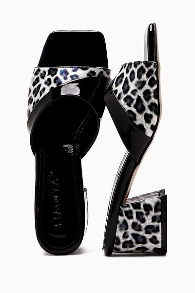 Limoya Morena Black Patent Leather Leopard Detailed Short Heeled Women's Slippers