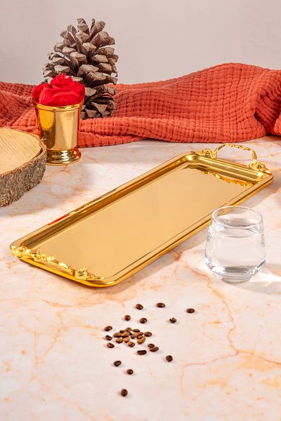 NEWTREND Züccaciye 1 Lux Gold Baton Tray Lina Handle Model Stainless Steel Tea, Coffee, Service Presentation Tray