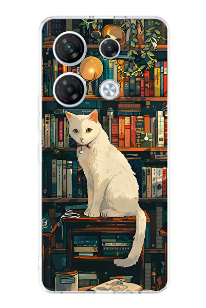 TechTree Infinix GT 20 Pro Uyumlu Kitaplık Beyaz Kedi Tasarımlı Şeffaf Siliko...