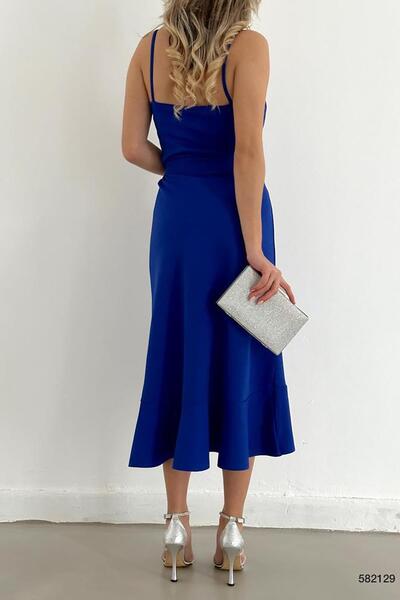 Deafox Saks Blue Flounced Midi öves ruha