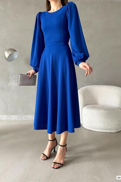 Deafox Saks Blue Balloon Sleeve Crew Neck Basic Midi Size Imported Crepe Fabric φόρεμα