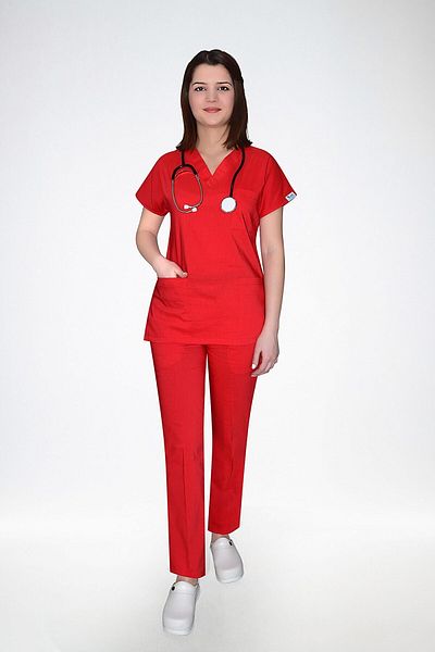 Nur Medikal Giyim Red Lycra Unisex Scrub Set - Bottom and Top Set