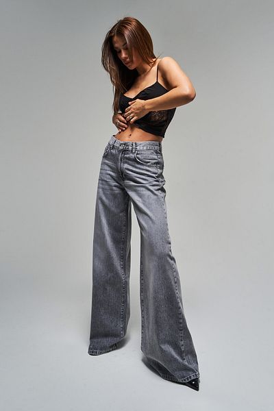 its basic Women's Gray Color Hera 4S5-13 Palazzo Fit Loose Cut 100% Cotton Mid Waist Denim Jean