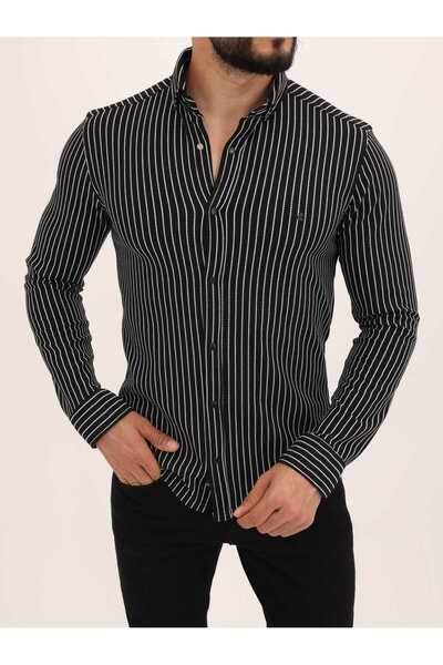 cliento Erkek Siyah Slim fit Likralı Uzun Kollu Nefes Alan Örme Çizgili Gömlek