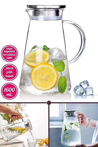 Berdina Home Borosilikat Cam Sürahi Karaf Cam Kulplu Metal Kapaklı Sıcak Soğu...
