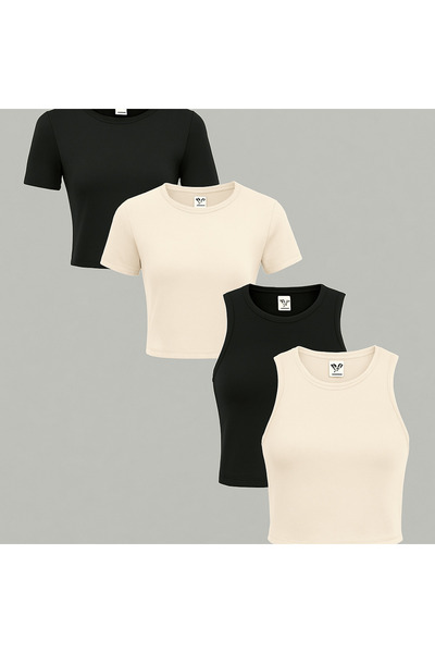 ÖZ PAMUK Women's 4 Piece Ribbed 100% Cotton Crew Neck Knitted T-Shirt-Singlet Set Crop Blouse