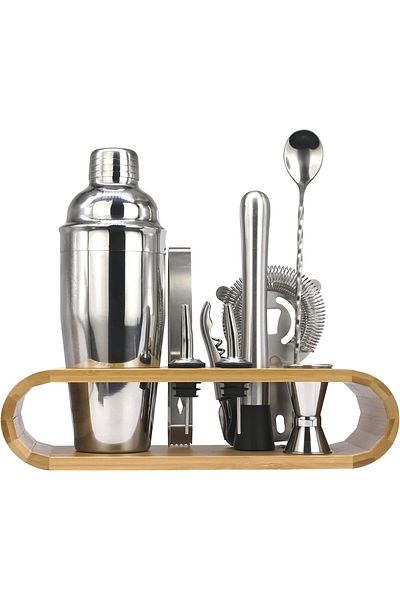 MIBRU Stainless Steel Coffee & Cocktail Shaker Set with Wooden Stand, 10 PCS, 2 Yr Warranty
