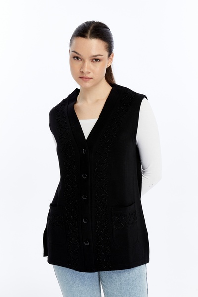 larocci Жіночий стандартний V-подібний комір з блискітками, вишивка з вигинами, кишені, маминий жилет