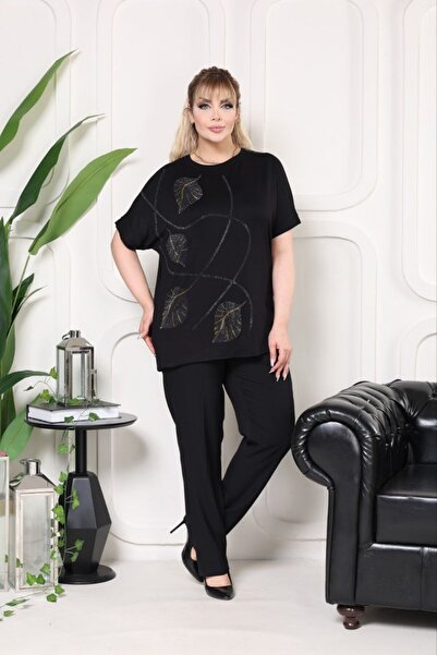 MODA Large Size Gold Stone Leaf Printed Bat Sleeve Blouse Red Jb 20155212