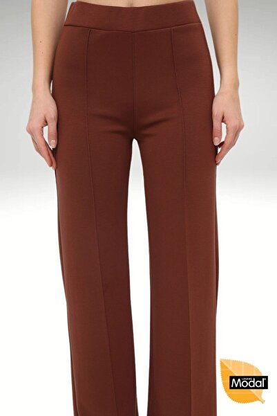 OPENDO Oys Modal Içeren Yüksek Bel Önü Dikişli Çimalı Rahat Kalıp Düz Kesim Kahverengi Pantolon