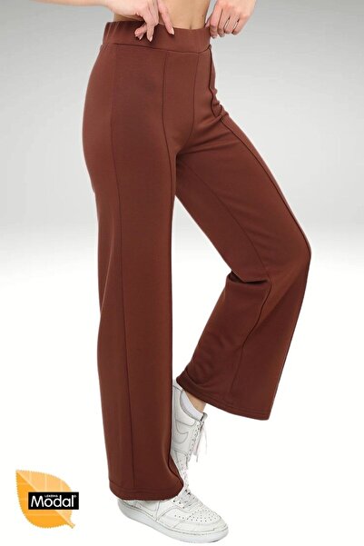 OPENDO Oys Modal Içeren Yüksek Bel Önü Dikişli Çimalı Rahat Kalıp Düz Kesim Kahverengi Pantolon