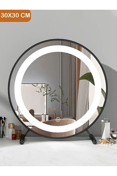 Taimi Round mirror 30cm with 3-colors light and metal Stand Black