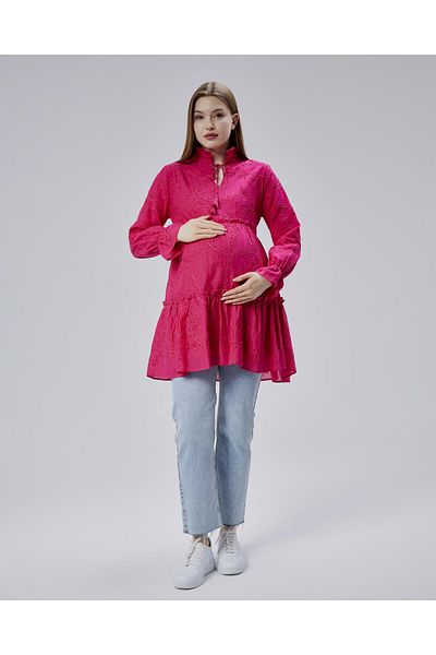 Işşıl Işşil 50877-Brode Frilly Judge Collar Maternity Shirt-Tunic