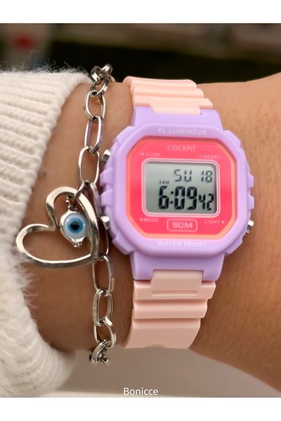 Cockpit Brand Pink Color Silicone Cord, Luminous, Small Case Digital Sport Women Wristwatch Bracelet