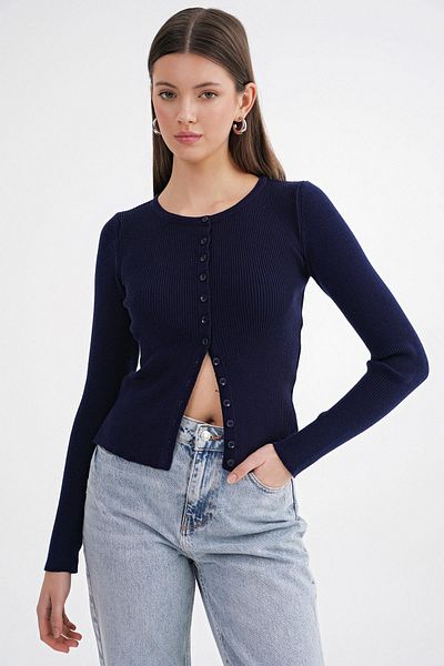 Mixray 6931 Women's Buttoned Ribbed Knitwear Cardigan Navy Blue