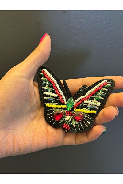 Gönülden Tasarım 8X6 CM BONCUK TAŞ NAKIŞ İŞLEME RENKLİ KELEBEK ARMA DİKİŞ APLİKE