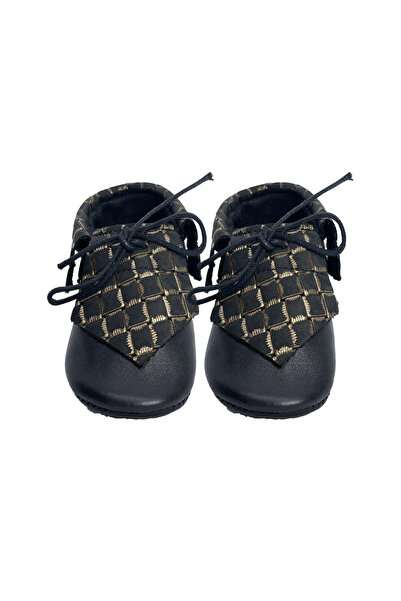 Evokids Hakiki Deri Siyah , Altın Sarısı Detaylı Bebek Patiği
