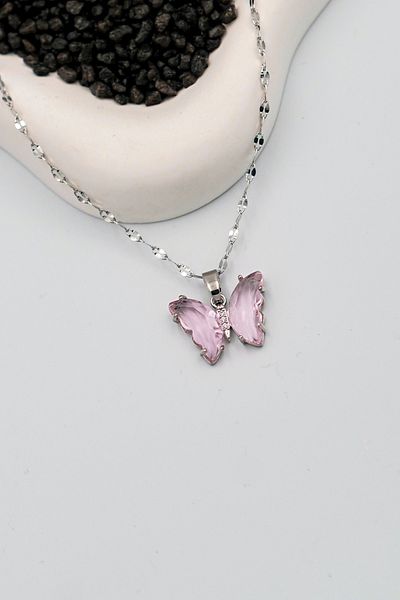 The Collection Powder Pink Stone Butterfly Silver Steel Necklace