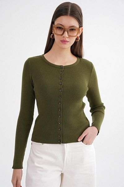 Mixray Women's Corded Knitwear Cardigan Khaki 6931 Buttoned