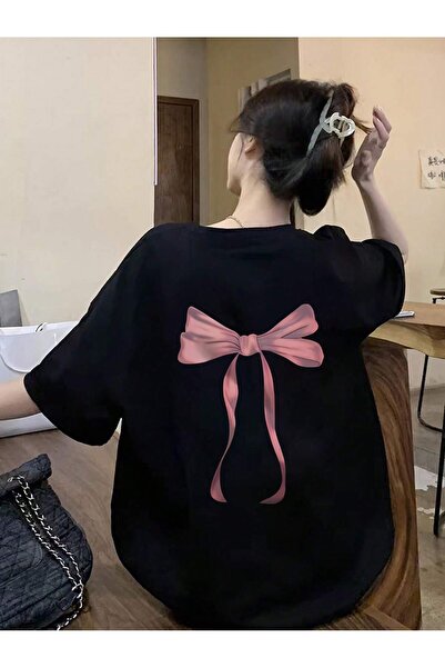 EVIus Tricou oversize cu decolteu rotund cu imprimeu cu panglică la spate