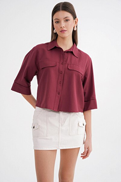 Mixray Women's Short Sleeve Crop Shirt - Burgundy Color