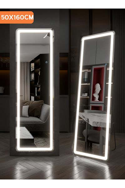 Taimi Large Mirror With Elegant Design,160x50cm, With Front Lighting, Black Metal Frame And Back Stand