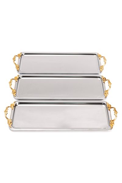 NEWTREND Züccaciye 3-Piece Luxury Silver Baton Tray Lina Handle Model Dessert and Coffee Presentation for Stainless Steel