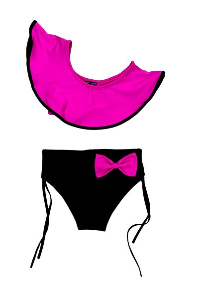 Lolliboomkids Girl's One Shoulder Half Sleeve Bow Tie Bikini Set Fuchsia Color
