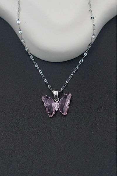 The Collection Powder Pink Stone Butterfly Silver Steel Necklace