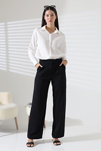 ribana Kadın Yüksek Bel Cırtlı Palazzo Pantolon Plazzo Bol Paça Pantolon