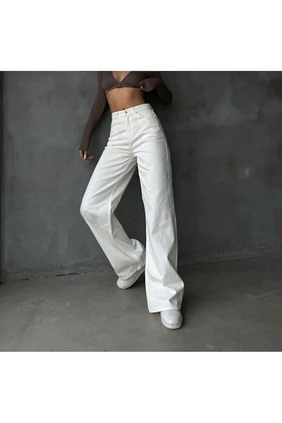 NiLi Palazzo White 100% Cotton Women's Denim Trousers Jeans