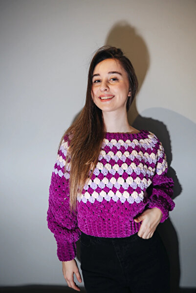 Talinhandmade Mor Örgü Kazak