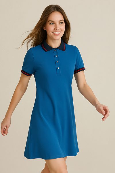 Giyim Dünyası Women's Polo Neck Short Sleeve Dress Saks Blue