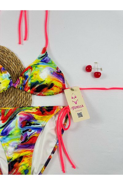 FUNELLA Stylish Women's Bikini Set with Tie-Dye Patterned Side and Neck Tie