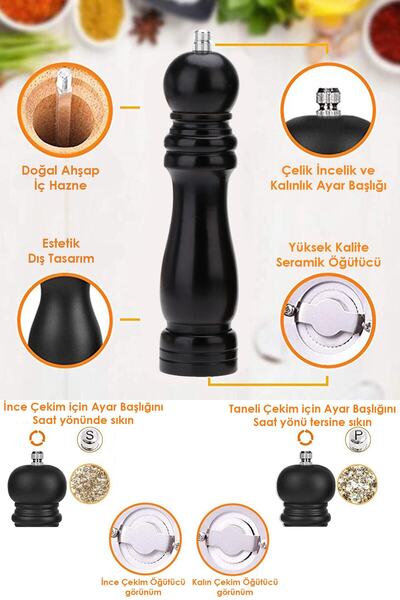 Technojet 2 li Karabiber Tuz Kahve Baharat Öğütücü Ahşap Değirmeni  Siyah ve Kahverengi