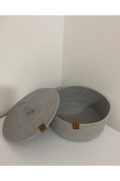 Sevdam Sepet Gray Flat Lid Multi-Purpose Basket, Decorative Basket, Cotton Basket, Wicker Basket, Rope Basket