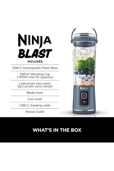 NINJA خلاط محمول بلاست، سعة 530 مل، غطاء مانع للتسرب وفوهة شرب، خلاط صغير قوي لاسلكي، قابل لإعادة الشحن